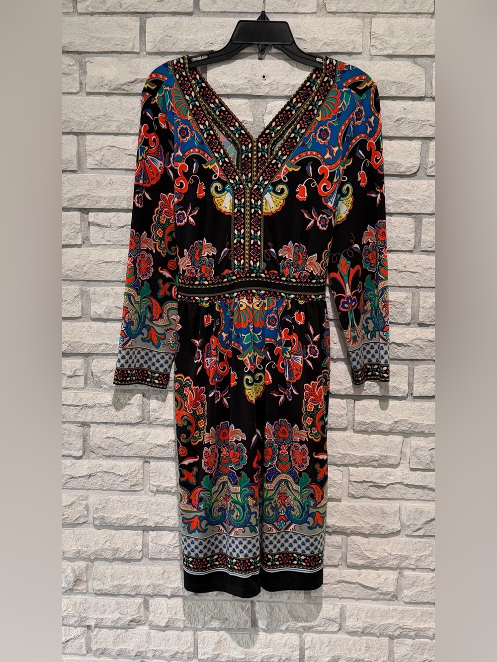 ECI Black Long Sleeve Boho Floral Paisley Midi Dress